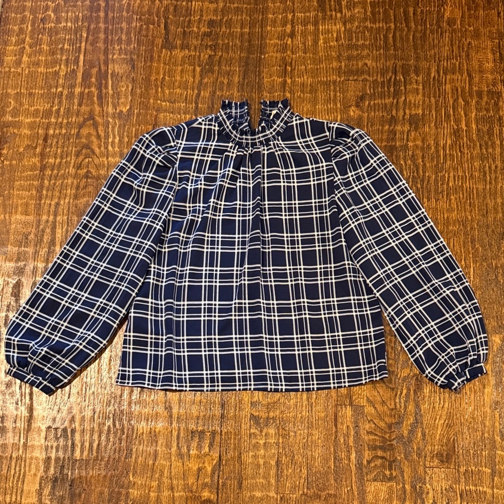 Melloday Navy Plaid High Neck Blouse Medium Balloon Sleeves Preppy Schoolgirl